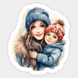 Happy mom with daughter winter Sticker